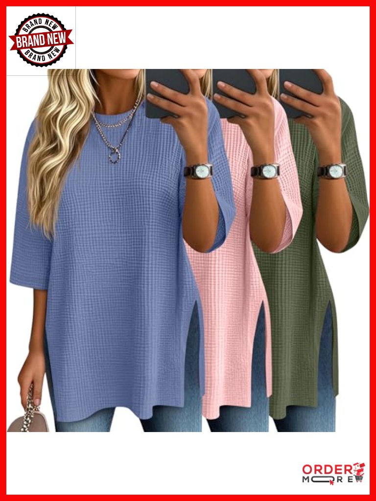 3 Pack 3/4 Sleeve Waffle Knit Tops Oversized Crewneck T-Shirts Loose Casual